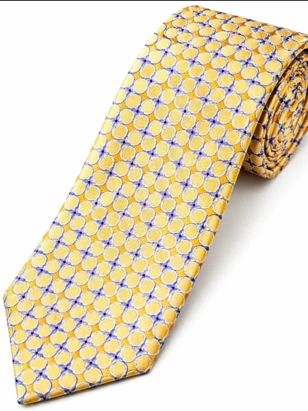 Valentino Silk Tie Gold Yellow Purple Geometric  Pattern Italy Designer Luxury